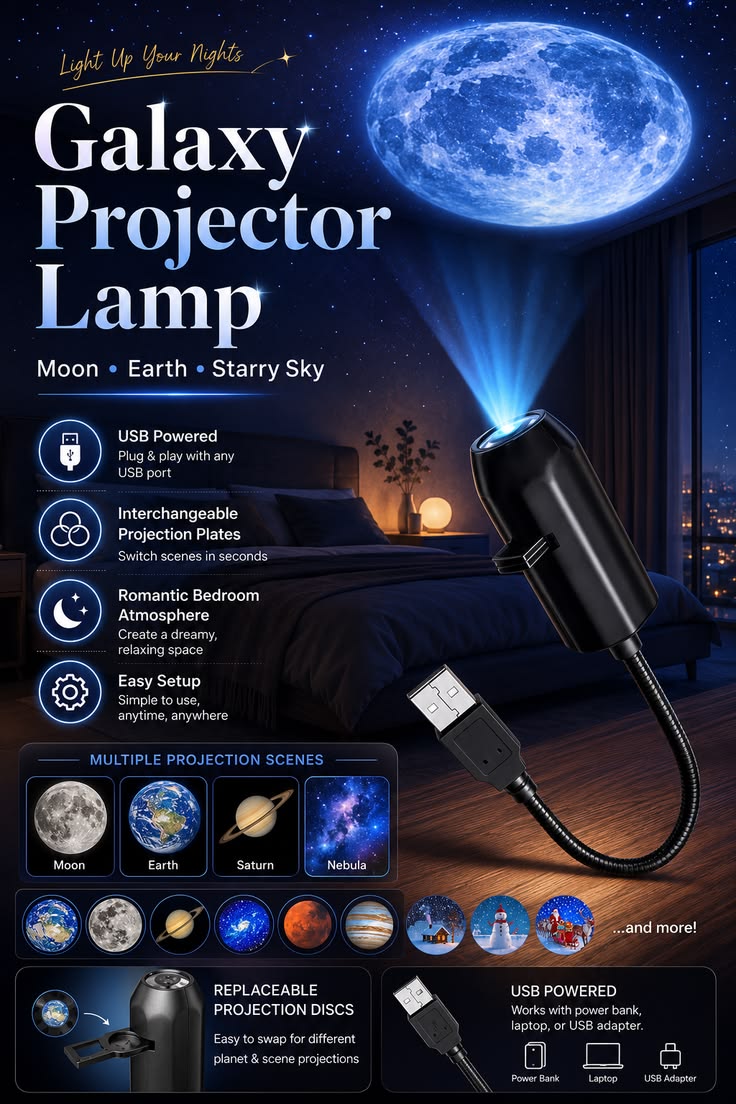 USB Galaxy Projector Lamp | Moon, Earth & Starry Sky | 6 Lenses