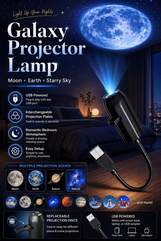 USB Galaxy Projector Lamp | Moon, Earth & Starry Sky | 6 Lenses