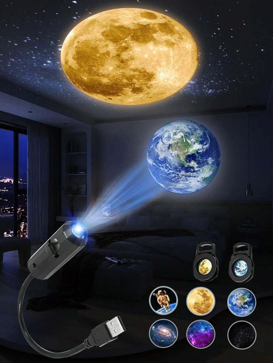 USB Galaxy Projector Lamp | Moon, Earth & Starry Sky | 6 Lenses
