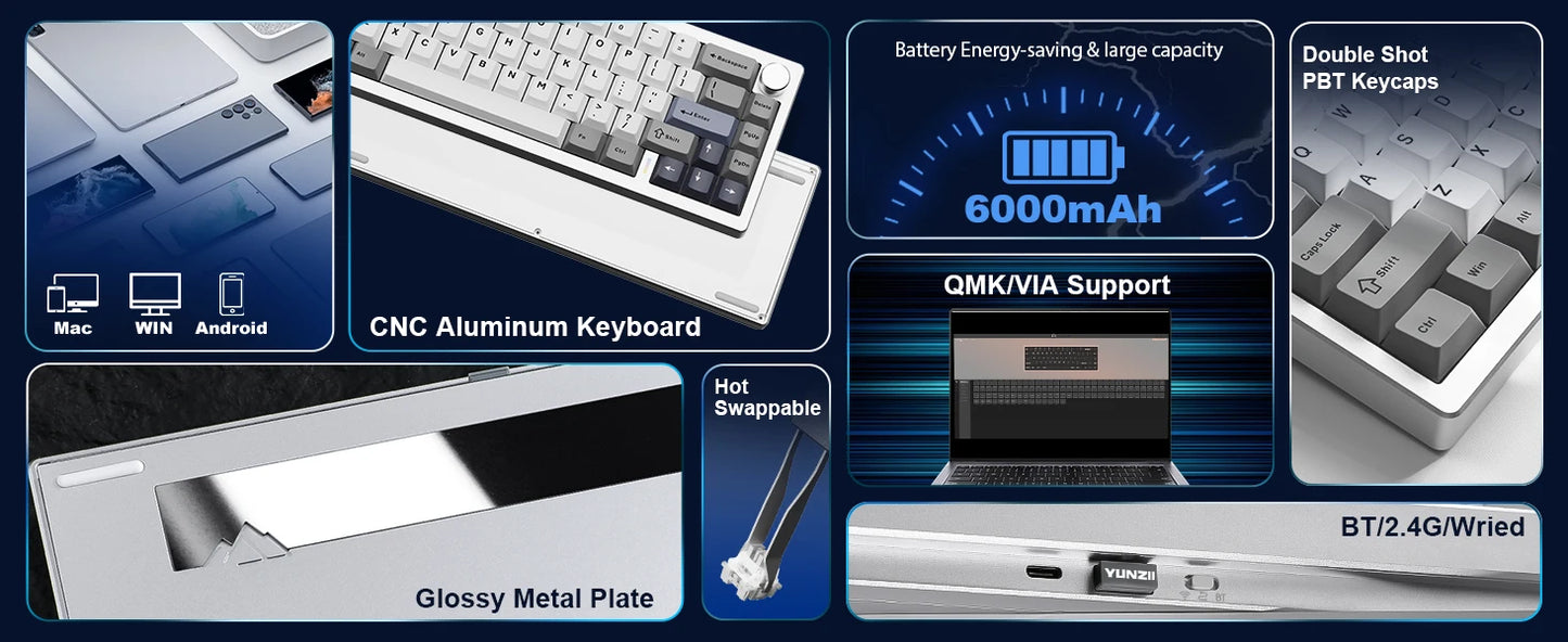 YUNZII AL68 Wireless Mechanical Keyboard | QMK/VIA, Hot-Swap, Gasket, Aluminum Build