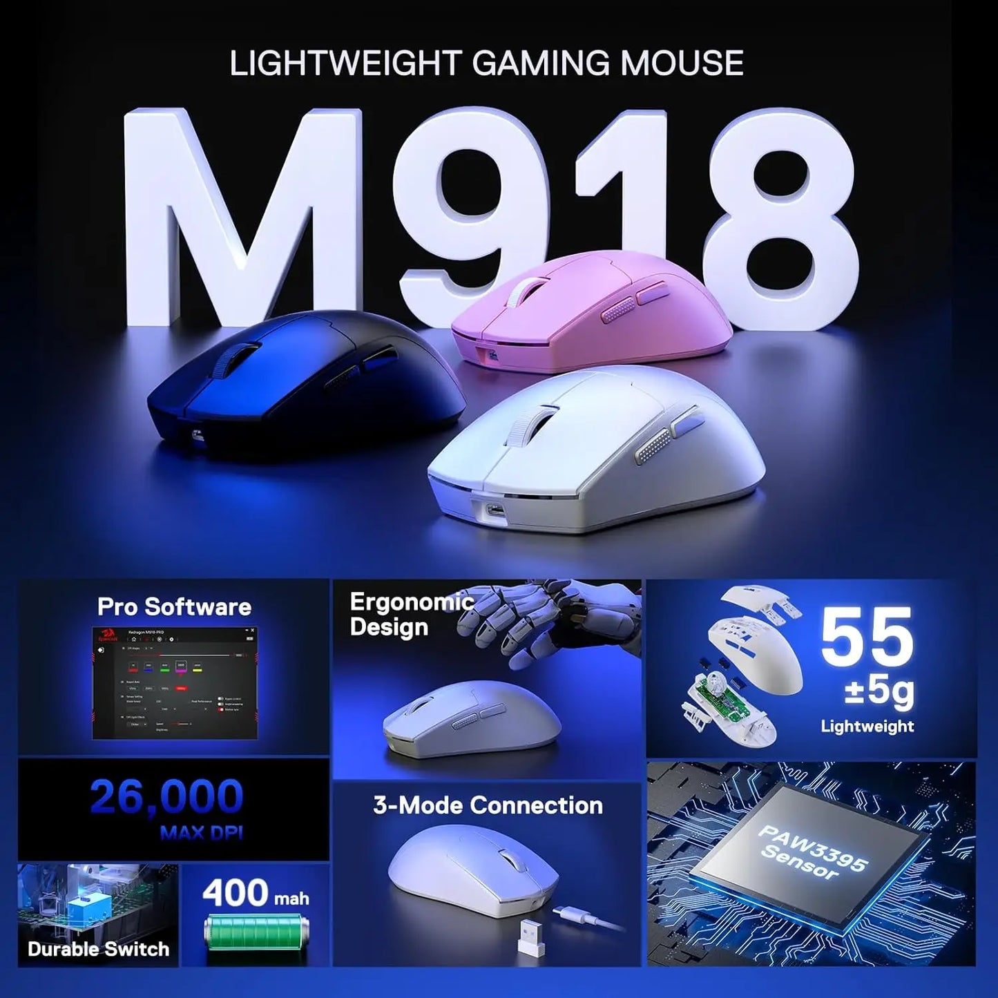 Redragon M918 PRO Wireless Gaming Mouse – Ultra-Light 49g, 26K DPI, RGB, 3-Mode Connectivity