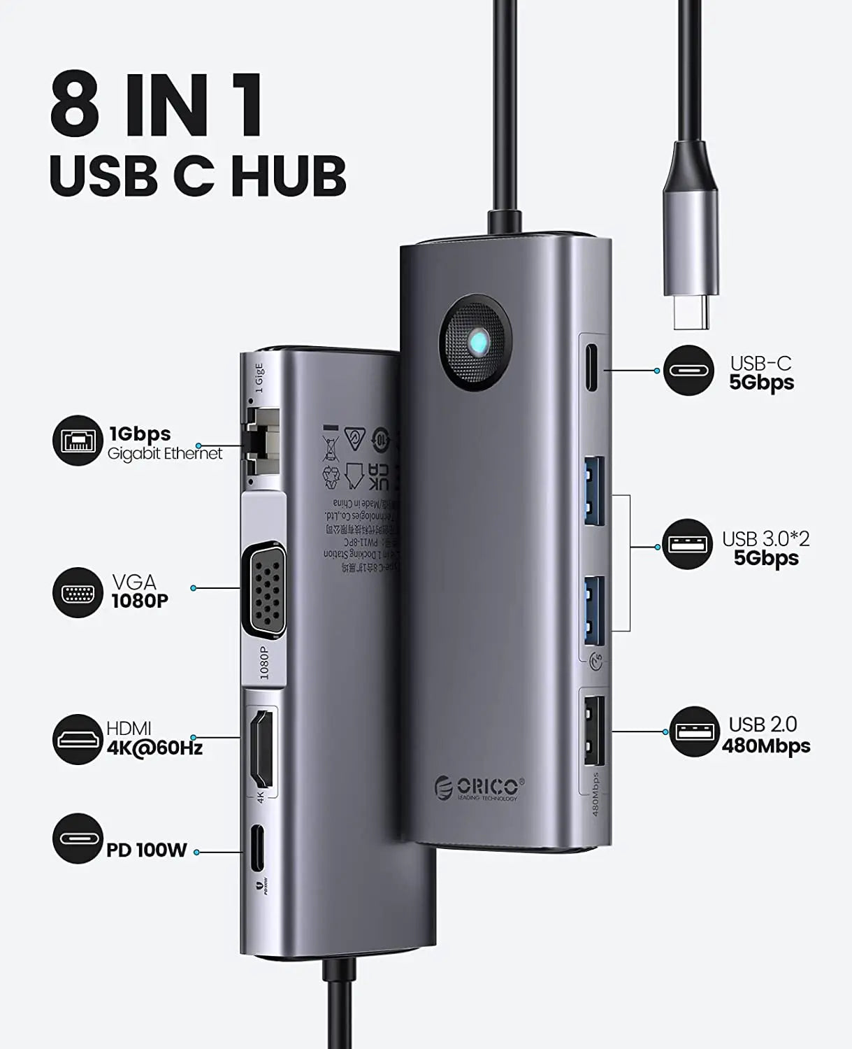 ORICO Type-C 4K 60Hz Docking Station – 12-in-1 USB-C Hub with HDMI, DP, PD 100W, RJ45, SD/TF, RGB